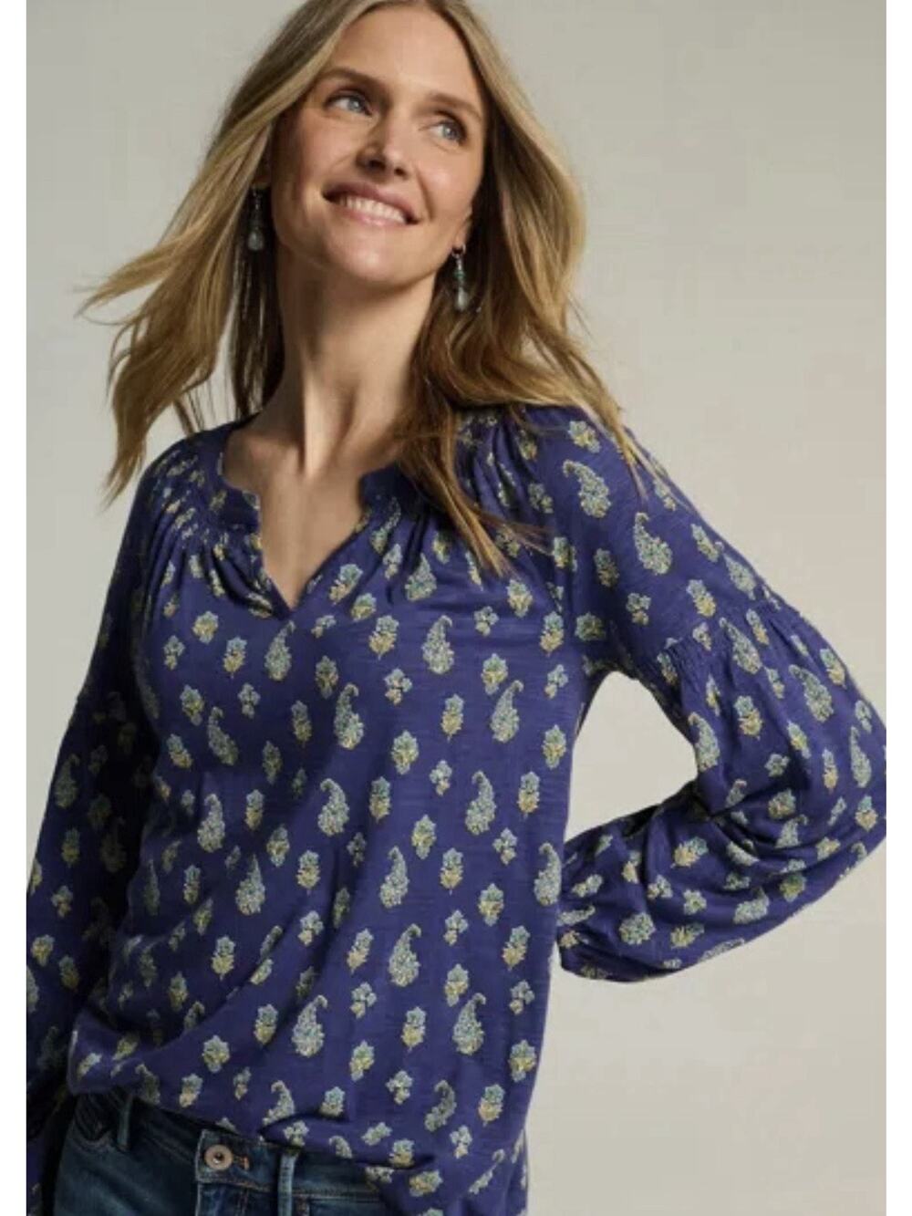 J. Jill Blue Paisley Printed Smocked Cotton Modal Knit Top Sz M Boho Casual